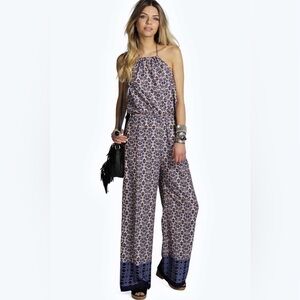 Boohoo Dixie Mixed Border Print Halterneck Jumpsuit